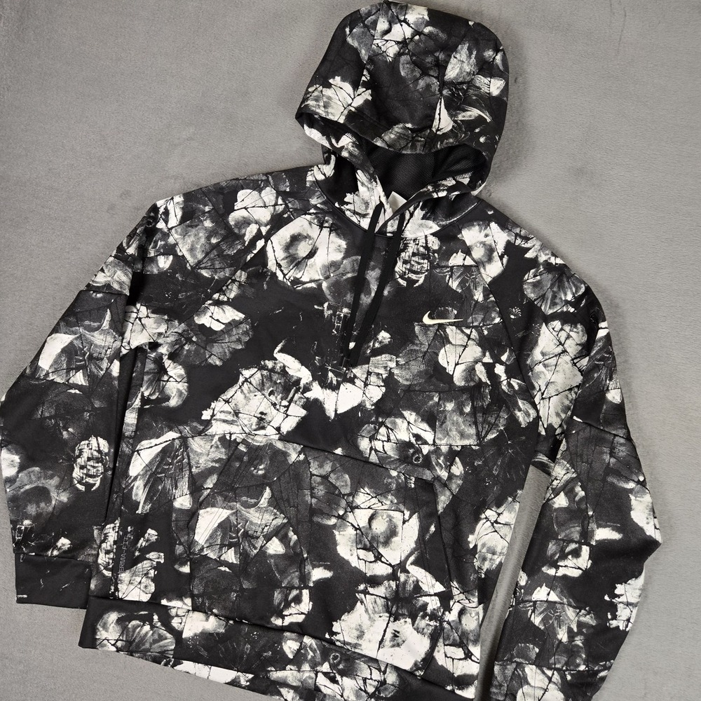NIKE Therma-Fit Pullover Fitness Hoodie Mens Medium Black White Camo DQ4836-010